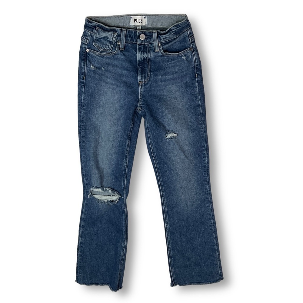 Paige Colette Crop Flare Jeans Sz 25 Distressed Stretch Blue Denim